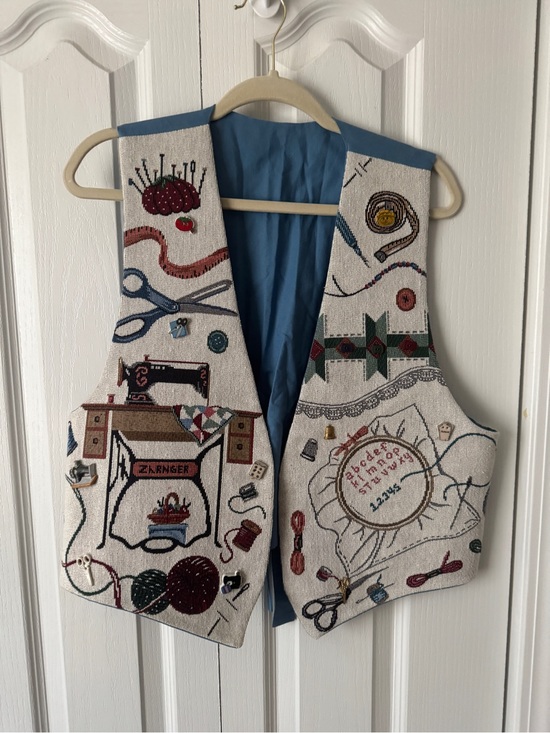 Handmade Other - Hand-Embroidered Sewing Motif Vest in Blue Lining